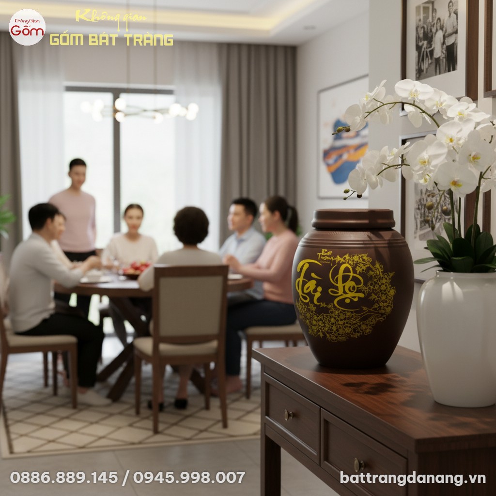 cận cảnh chum ngâm rượu Tài Lộc hoa mai gốm sàn...