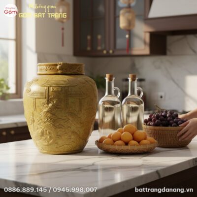Chum rượu gốm sành 50 lít với họa tiết cá chép ...