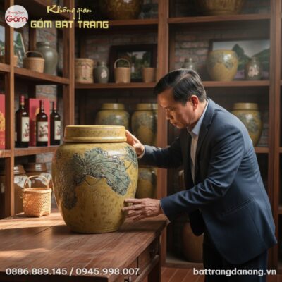 Chum rượu gốm vàng Bát Tràng 20L họa tiết lá se...