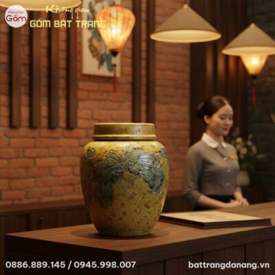 Chum rượu gốm vàng Bát Tràng 20L họa tiết lá se...