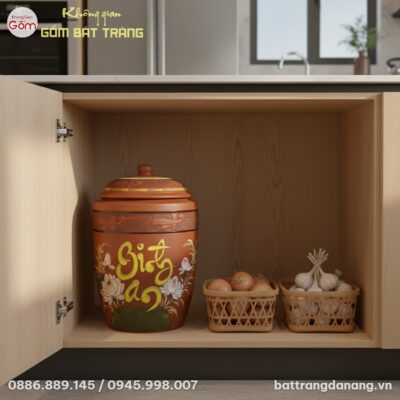 cận cảnh Chum đựng gạo 'Bình An' hoa sen đặt tr...