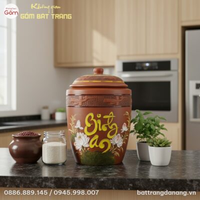 cận cảnh Chum đựng gạo 'Bình An' hoa sen Gốm Bá...