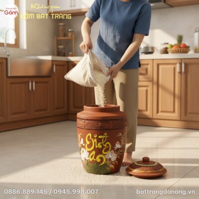 cận cảnh Chum đựng gạo 'Bình An' hoa sen kích c...