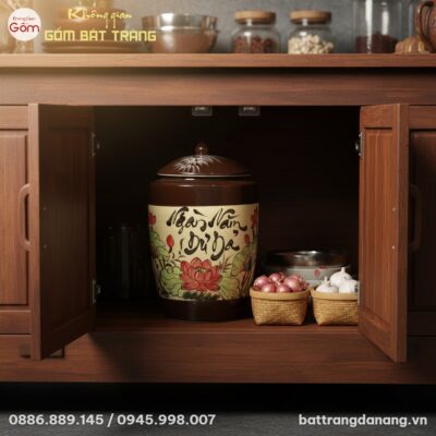 Cận cảnh chum đựng gạo Bát Tràng họa tiết hoa s...