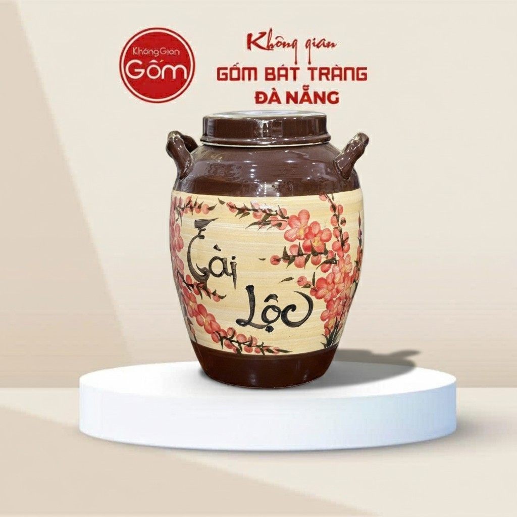 Hũ Gạo Quai Xách Họa Tiết Tài Lộc Hoa Đào Gốm Bát Tràng BT-HG06