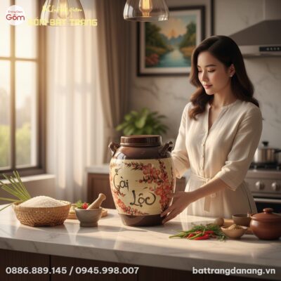 Hũ gạo gốm Bát Tràng Tài Lộc hoa đào 20L đặt tr...