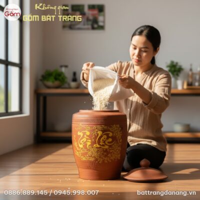 cận cảnh Một hũ gạo gốm mộc Bát Tràng 20L với c...