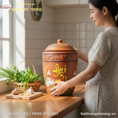 Hũ đựng gạo gốm Bát Tràng 'Đại Cát' hoa sen đặt...