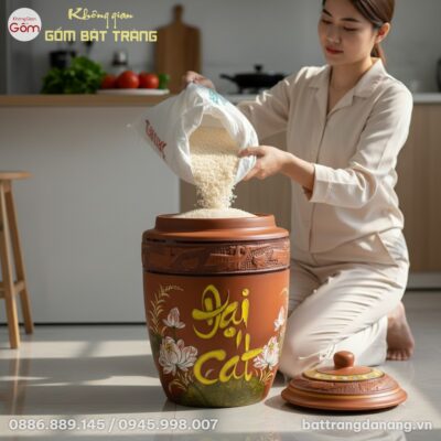 Cận cảnh hũ đựng gạo gốm Bát Tràng 'Đại Cát' ho...