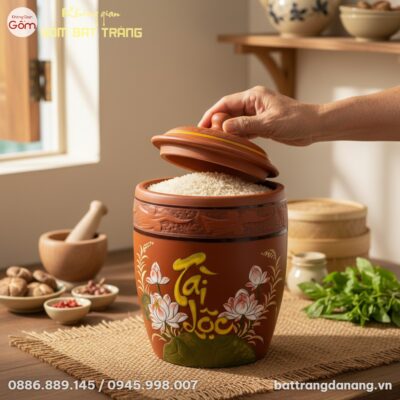 Cận cảnh hũ đựng gạo Bát Tràng Tài Lộc, tập tru...