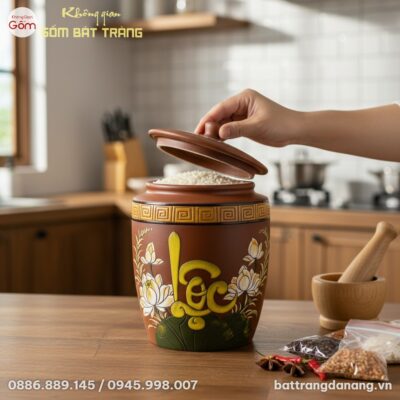 Cận cảnh hũ đựng gạo gốm Bát Tràng chữ Lộc hoa ...