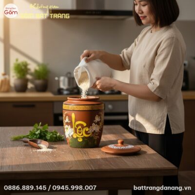 cận cảnh Hũ đựng gạo gốm Bát Tràng chữ Lộc hoa ...