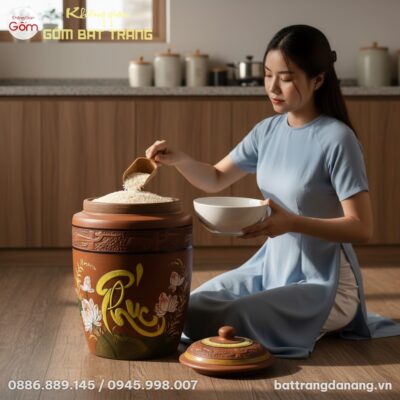 cận cảnh hũ gạo gốm Bát Tràng cỡ rất lớn đặt tr...