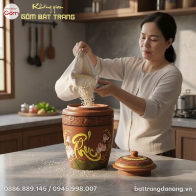 Cận cảnh hũ gạo Phúc hoa sen gốm Bát Tràng kích...