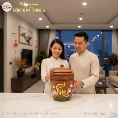 Góc chụp cận cảnh Hũ Đựng Gạo 'Phúc' Hoa Sen Gố...