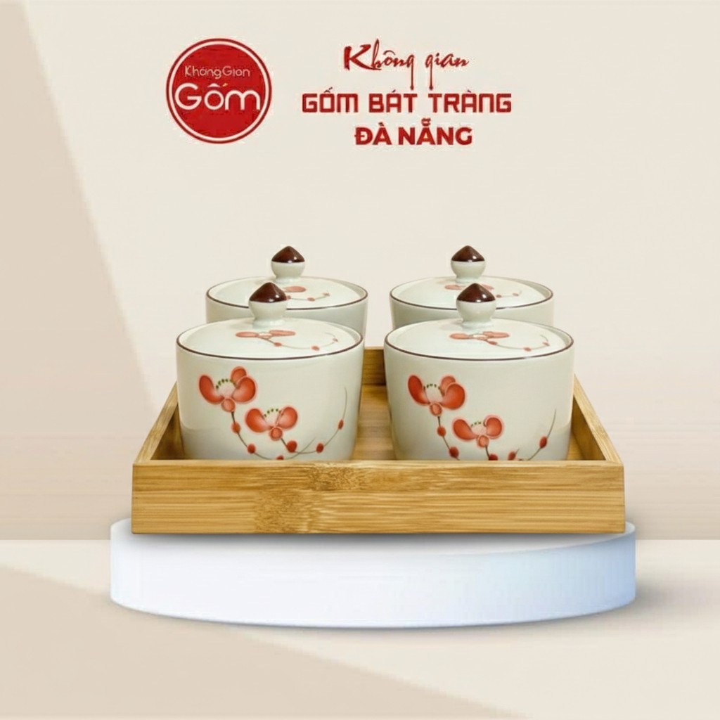 Khay Mứt Tết 4 Hũ Men Trắng Vẽ Đào Đỏ Bát Tràng BT-HM33