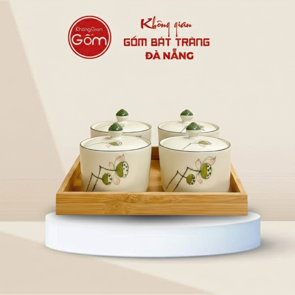 Khay Mứt Tết Gốm Sứ 4 Hũ Sứ Trắng Vẽ Hoa Sen BT-HM26
