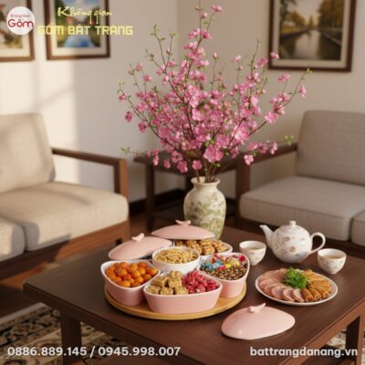 cận cảnh Khay mứt sứ hoa 5 cánh hồng phấn nắp m...