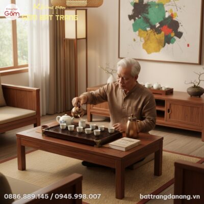 góc chụp trên cao xuống, cận cảnh khay trà gỗ ...