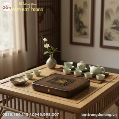 Khay trà gỗ thiền Kim Cát Tường đặt trang trọng...
