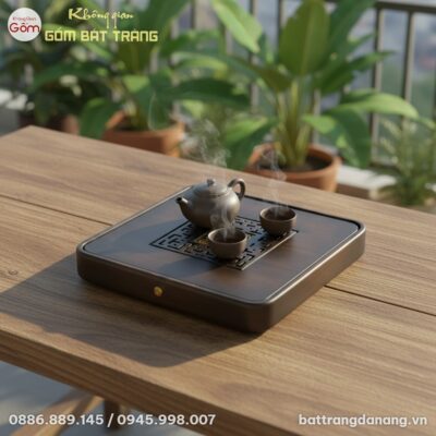 Góc cận cảnh khay trà gỗ thiền Kim Cát Tường tr...