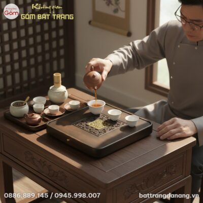 góc chụp trên cao xuống, cận cảnh Khay trà gỗ t...