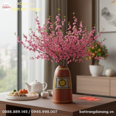 Lọ hoa gốm Bát Tràng 35cm màu nâu đỏ đặt trên b...