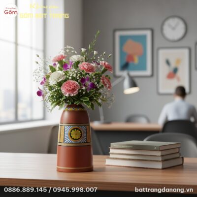 Lọ hoa gốm Bát Tràng dáng chuông màu nâu đỏ, kh...
