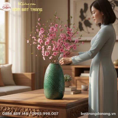 cận cảnh Lọ hoa dáng chuông men xanh họa văn vẩ...
