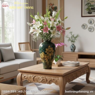 Lọ hoa gốm sứ Bát Tràng men xanh rêu họa tiết c...