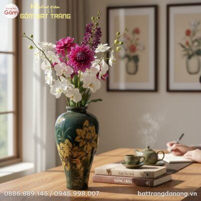 Lọ hoa gốm sứ Bát Tràng men xanh rêu họa tiết c...