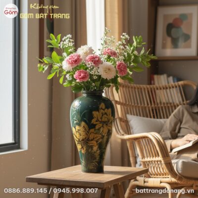 cận cảnh Lọ hoa gốm sứ Bát Tràng men xanh rêu h...