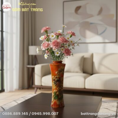 Bình hoa sen đỏ cam Bát Tràng 44cm với cúc tana...