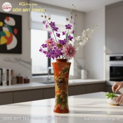 Lọ hoa sen đỏ cam Bát Tràng 44cm, cắm những càn...