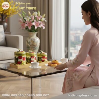 Hình ảnh cận cảnh set 3 hũ mứt gốm sứ Bát Tràng...