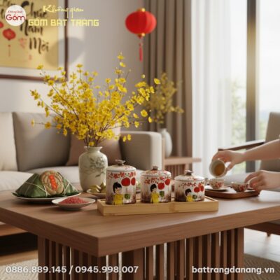 Set 3 hũ mứt gốm sứ Bát Tràng 'Bé Đón Xuân' đặt...
