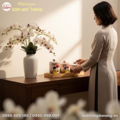 cận cảnh khay mứt gốm sứ Bát Tràng 'Bé Đón Xuân...