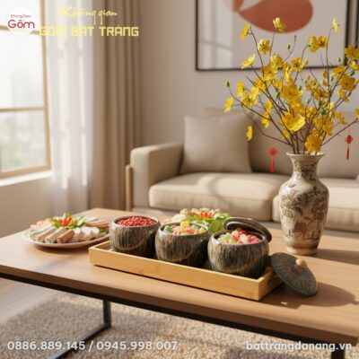 cận cảnh Set 3 hũ mứt gốm men hỏa biến Uyển Lam...