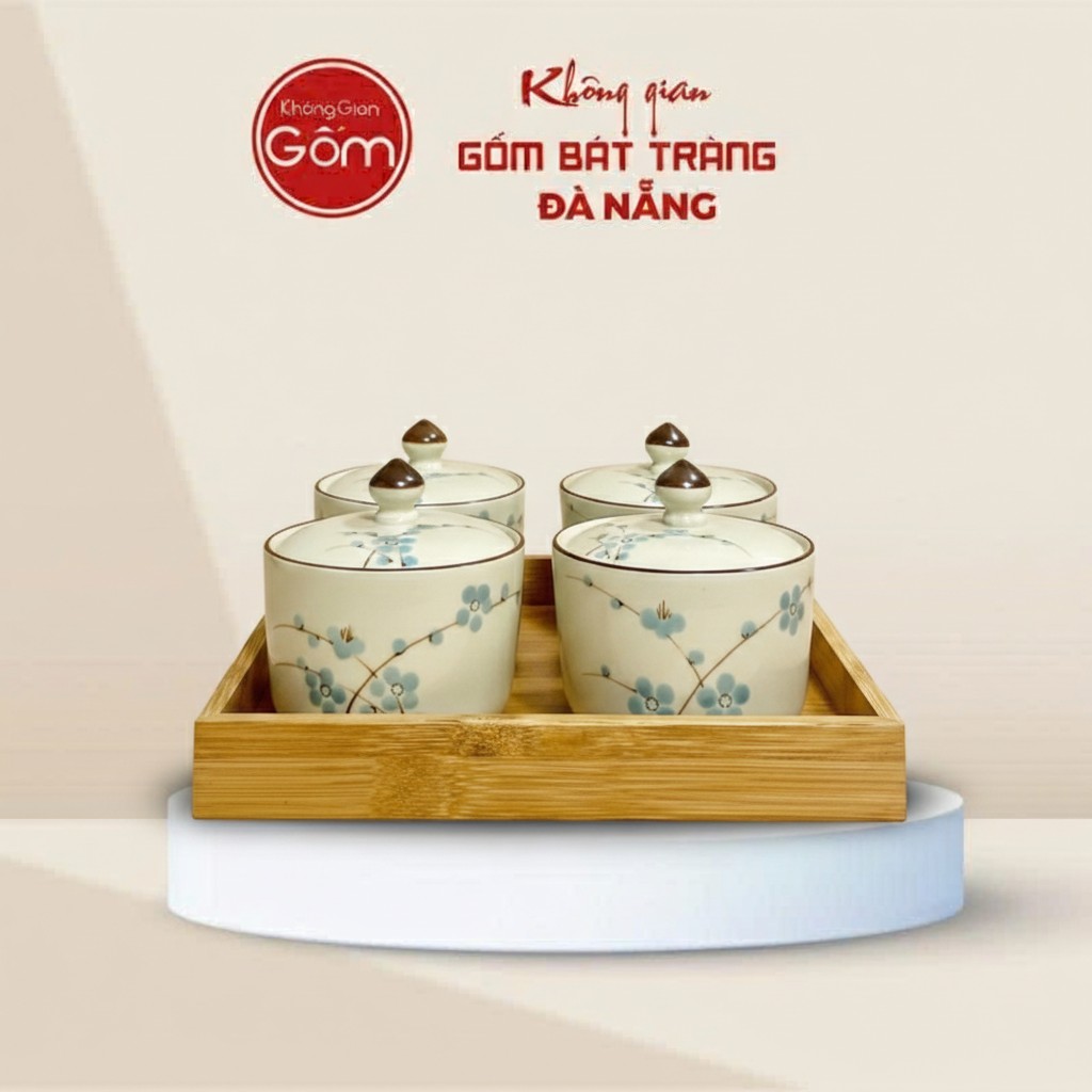 Set 4 Hũ Đựng Mứt Men Trắng Vẽ Đào Xanh Bát Tràng BT-HM35