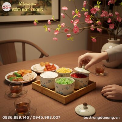 Bộ hũ mứt gốm sứ Bát Tràng họa tiết đào xanh đặ...