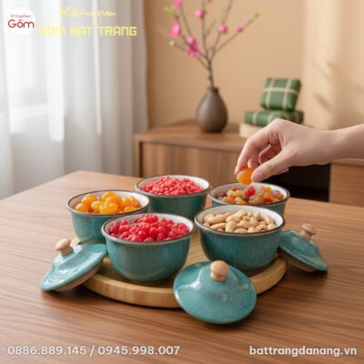 Set 5 Hũ Đựng Mứt Uyển Lam men hỏa biến trên bà...