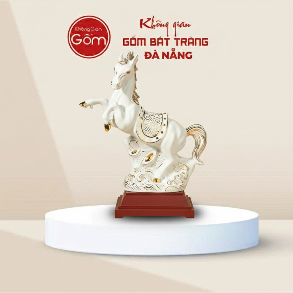 Tượng Bạch Mã Vẽ Vàng Kim Men Trắng Gốm Bát Tràng BT-TG04