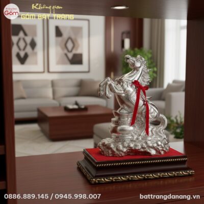 Cận cảnh Tượng Ngựa Gốm Dát Bạc BT-TG13 cao 36c...