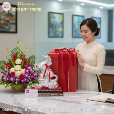 cận cảnh Tượng Ngựa Gốm Dát Bạc BT-TG13 cùng hộ...