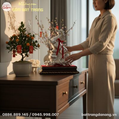 cận cảnh Tượng Ngựa Gốm Dát Bạc BT-TG13 quay đầ...