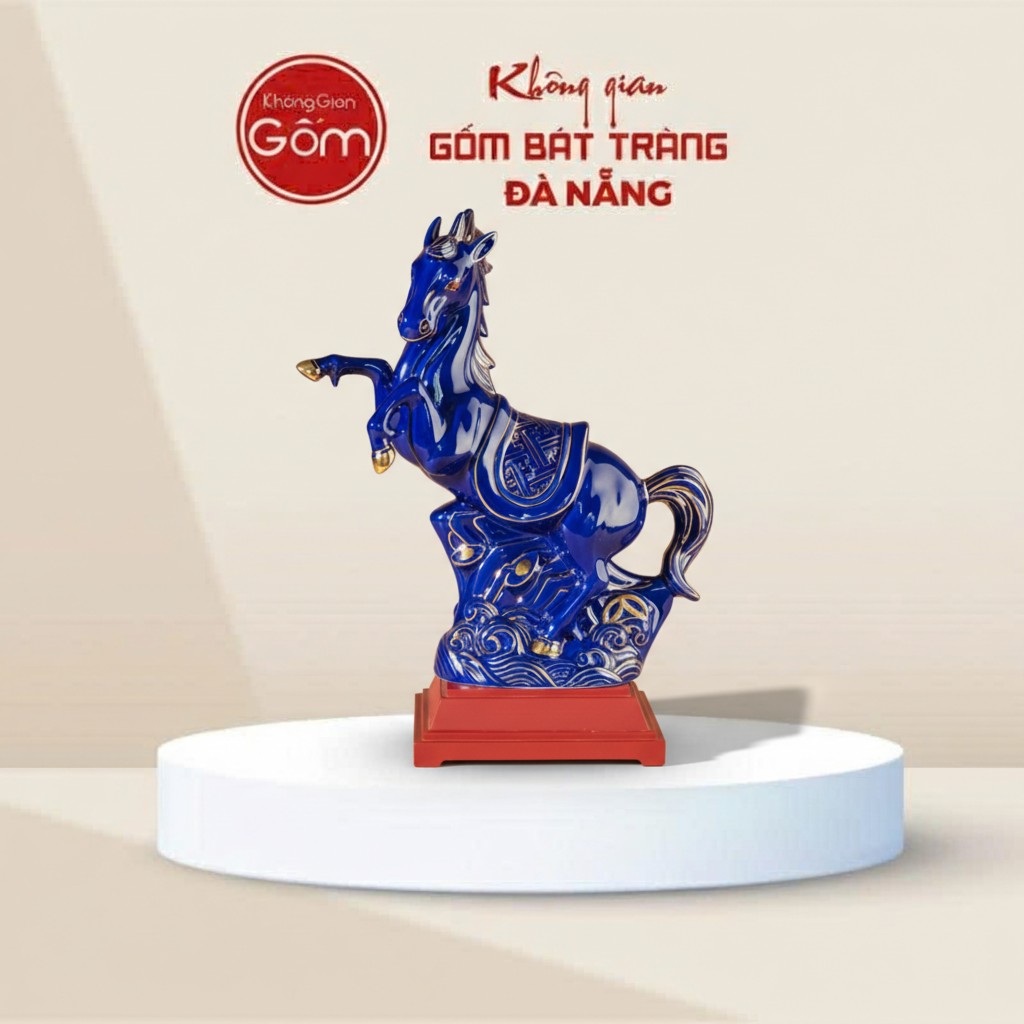 Tượng Ngựa Phong Thủy Vẽ Vàng Kim Men Xanh Bát Tràng BT-TG06