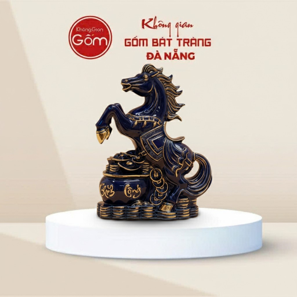 Tượng Ngựa Phú Quý Men Xanh Vẽ Vàng Bát Tràng BT-TG05