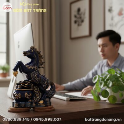 cận cảnh Tượng Ngựa Phú Quý Men Xanh Vẽ Vàng 30...