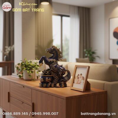 cận cảnh Tượng Ngựa Phú Quý Men Xanh Vẽ Vàng 35...