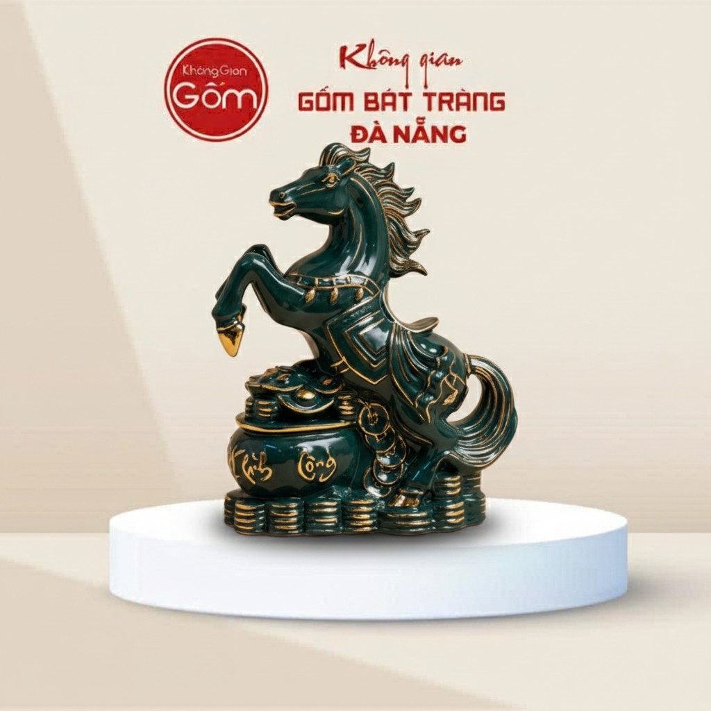 Tượng Ngựa Phú Quý Men Xanh Vẽ Vàng Bát Tràng BT-TG07
